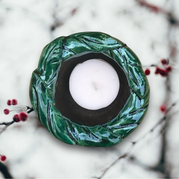 Raku Pottery Tea-light Holder or Salt Cellar in Gray with Green Leaves - Picture 4 of 5